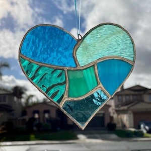 Teal Aqua Blue Stained Glass Heart Mosaic Sun Catcher image 2