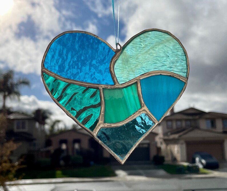 Teal Aqua Blue Stained Glass Heart Mosaic Sun Catcher image 2