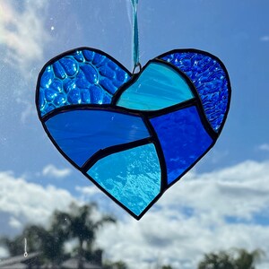 Cobalt and Aqua Blue Stained Glass Heart Mosaic Sun Catcher image 1