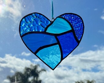 Cobalt and Aqua Blue Stained Glass Heart Mosaic Sun Catcher