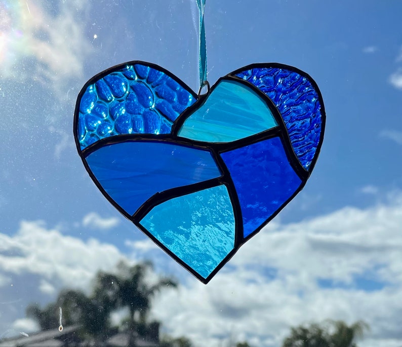 Cobalt and Aqua Blue Stained Glass Heart Mosaic Sun Catcher image 1