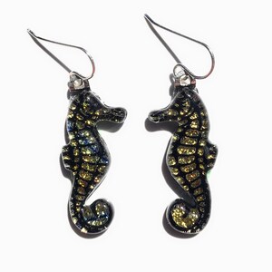 Orange Seahorse Laser Engraved Etched Dichroic Fused Glass Earrings with Solid Sterling Silver Ear Wires