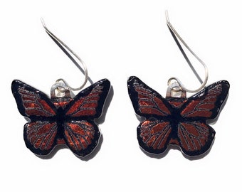 Orange Butterfly Laser Engraved Etched Dichroic Fused Glass Earrings with Solid Sterling Silver Ear Wires