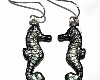 Pale Yellow Seahorse Laser Engraved Etched Dichroic fused Glass Earrings with Solid Sterling Silver Ear Wires