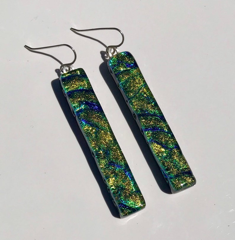Green Ripple Dichroic Fused Glass Earrings with Solid Sterling Silver Ear Wires zdjęcie 4