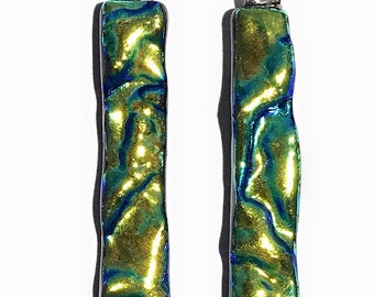 Green, Yellow and Blue Ripple Texture Dichroic Fused Glass Earrings with Solid Sterling Silver Ear Wires