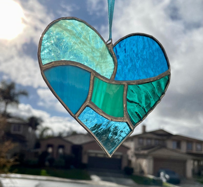 Teal Aqua Blue Stained Glass Heart Mosaic Sun Catcher image 3