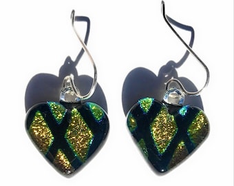 Yellow Orange Marquis Pattern Heart Dichroic Fused Glass Earrings with Solid Sterling Silver Ear Wires. Great for Valentine’s Day!