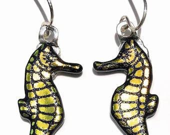 Yellow Seahorse Laser Engraved Etched Dichroic fused Glass Earrings with Solid Sterling Silver Ear Wires