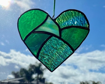Bright Green Stained Glass Heart Mosaic Sun Catcher