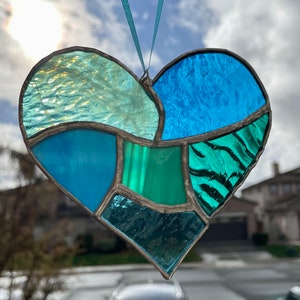 Teal Aqua Blue Stained Glass Heart Mosaic Sun Catcher image 4