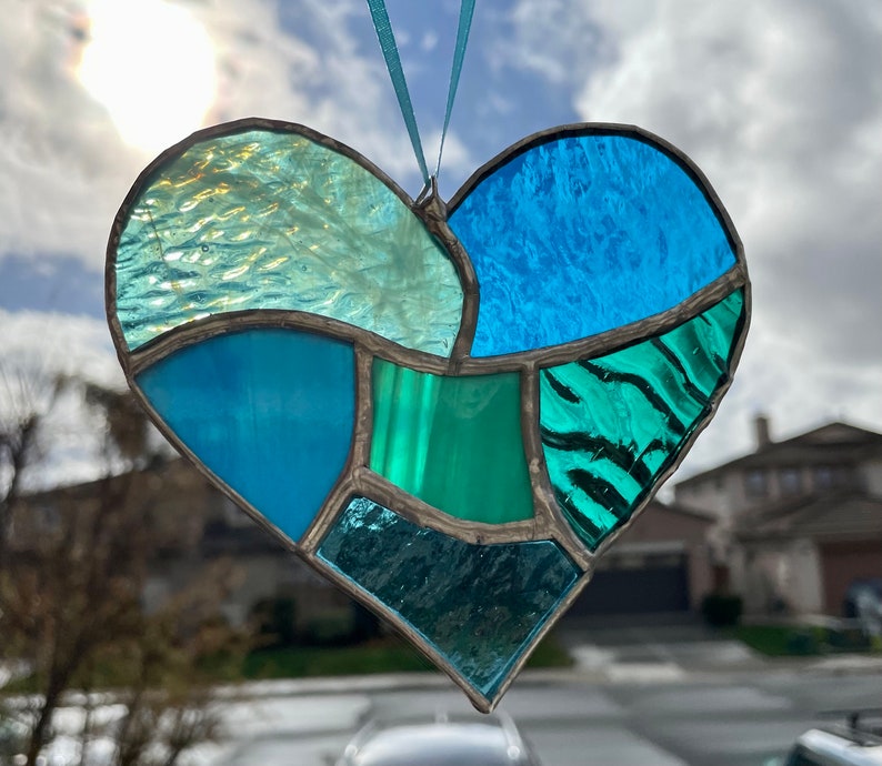 Teal Aqua Blue Stained Glass Heart Mosaic Sun Catcher image 4