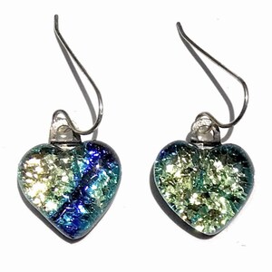 Yellow Pixie Pattern Crinkle Texture Heart Dichroic Fused Glass Earrings with Solid Sterling Silver Ear Wires