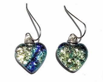 Yellow Pixie Pattern Crinkle Texture Heart Dichroic Fused Glass Earrings with Solid Sterling Silver Ear Wires