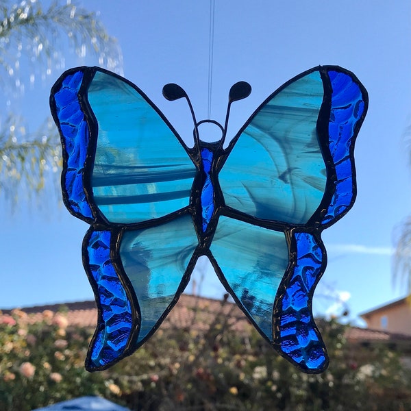 Aqua Blue Butterfly Stained Glass Sun Catcher