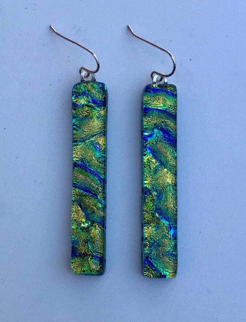 Green Ripple Dichroic Fused Glass Earrings with Solid Sterling Silver Ear Wires zdjęcie 9