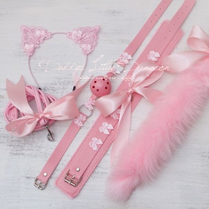 Pretty Pastel Baby Pink Pet Play Starter Set includes Fox Kitty Ears Collar Leash Anal Butt Plug Tail Ball Gag for Kitten Cat Cosplay Petplay BDSM