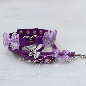 Personalized Cute BDSM Collar & Leash - Purple Bondage Set with Bows, Bell and Custom Tag -   Kawaii, Petplay, Pet play - mature