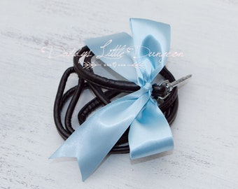 Pretty Black BDSM Leash with Blue Satin Bow - Bondage Gear for Petplay, Kitten Kitty Pet Play, Puppy, Sub - mature