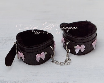 Black BDSM Restraints for Bondage - Ankle Leg Fuzzy Cuffs - Soft Fur & Pink Bows - mature