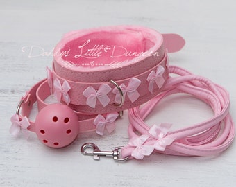 DDLG Pretty Pink Furry BDSM Bondage Collar Leash & Ball Gag Set Satin Bows Sub Master Girly Sub Sissy Daddys Little Girl Kawaii ABDL mature