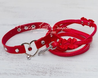 DDLG Red Custom BDSM Collar & Leash - Bondage Set - Rhinestones for Sub, Sissy, Daddy's Girl, Babygirl, Cosplay, Kawaii, Petplay ABDL mature