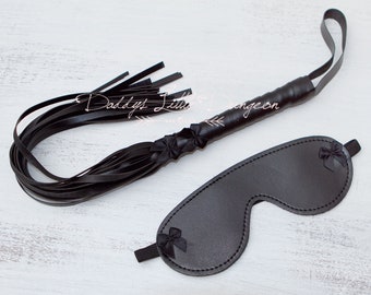Látigo y máscara BDSM negros góticos - Azotador de bondage gótico y venda para los ojos - Juguetes de impacto para azotes y azotes - Artículos sexuales pervertidos - maduros