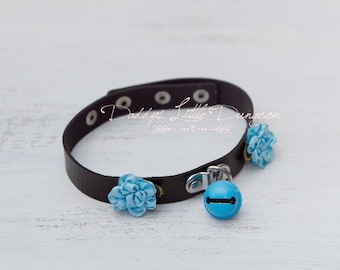 Kawaii BDSM Day Collar - Blue Flowers & Bell, Personalized Tag - Baby Girl Sir's Kitten Bunny - Cute DDLG Choker - Pet Play Petplay - mature