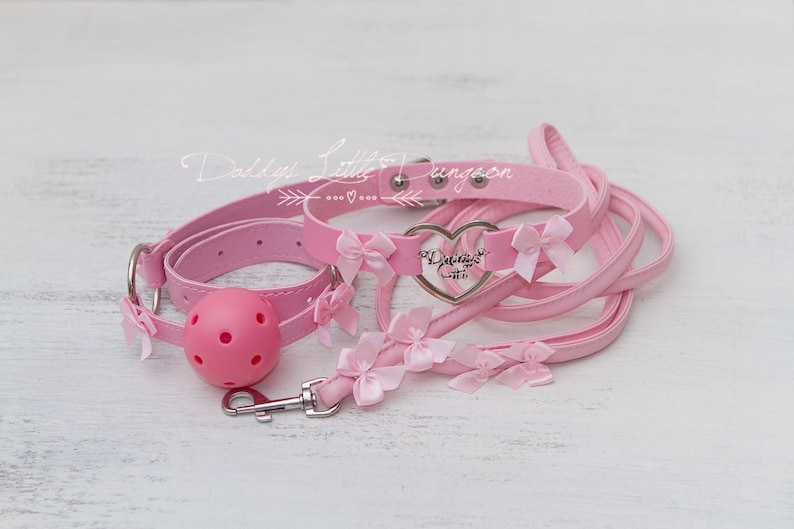 DDLG Pretty Pink BDSM Bondage Collar Leash Ball Gag Set Bows Submissive Master Girly Sissy Daddys Little Girl Kawaii ABDL mature Baby mommy 