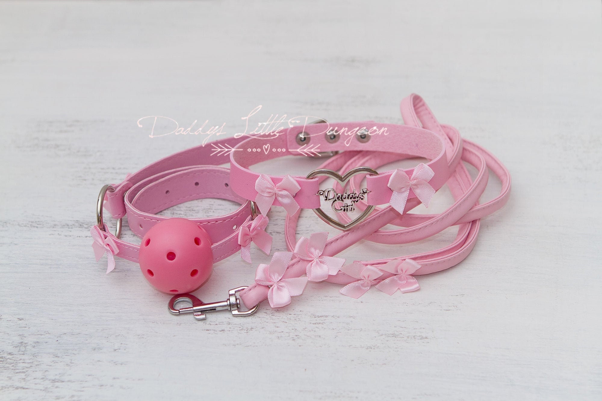 DDLG Pretty Pink BDSM Bondage Collar Leash Ball Gag Set Bows Etsy