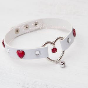 Custom Red Rhinestone & Bell Petplay Collar with Personalized Tag - Cute Kawaii Heart Choker - Pet Play Kitty Cat Kitten Bunny Puppy mature