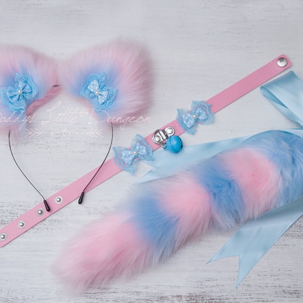 Pretty Pink &Blue Pet Play Set - Grandes orejas de gatito peludo, collar, cola de zorro tapón de culo juguete sexual anal, gato cosplay petplay BDSM DDLG maduro 18+