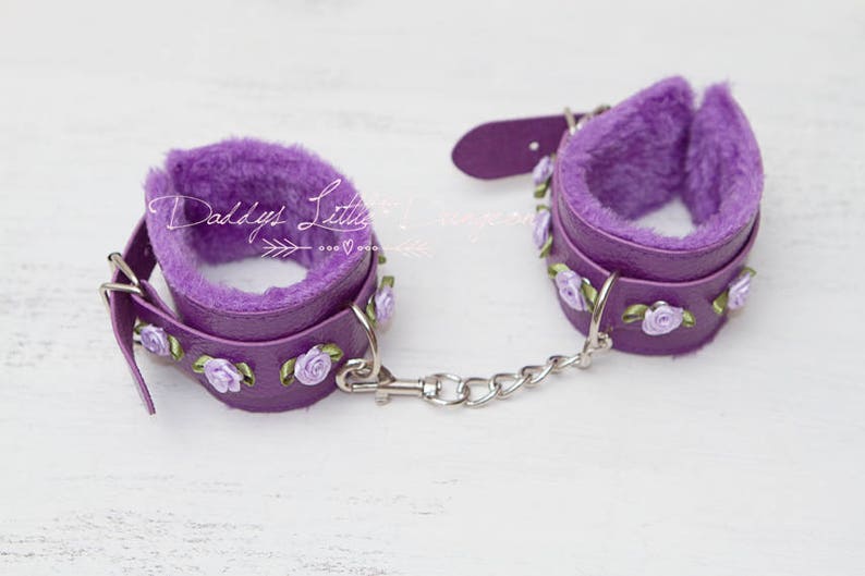 DDLG Pretty Purple Furry BDSM Bondage Hand Wrist Cuffs Flowers Roses Submissive Sub Dainty Daddys Little Girl Kitten Kawaii ABDL mature 