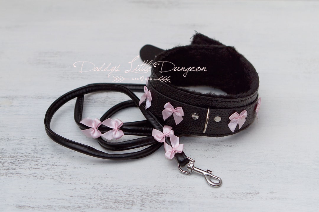 Black BDSM Collar & Leash Set - Fuzzy Fur Bondage Gear With Pink Satin
