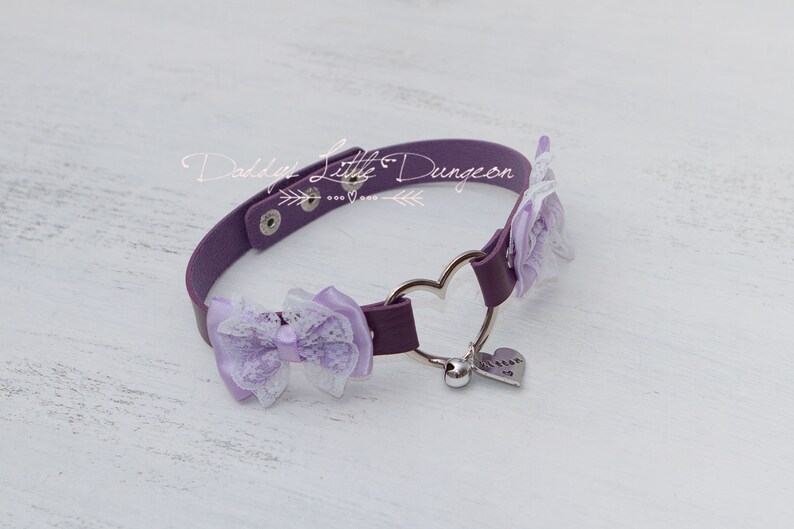 Personalized Cute BDSM Collar & Leash - Purple Bondage Set with Bows, Bell and Custom Tag -   Kawaii, Petplay, Pet play - mature