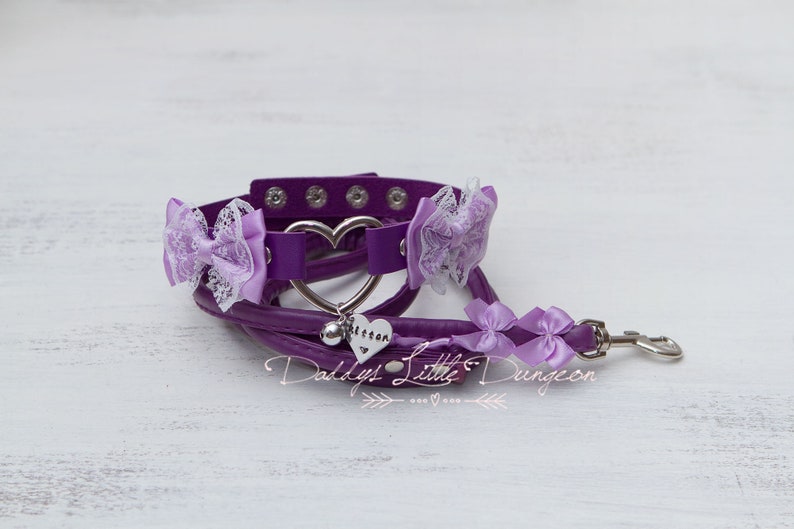 Personalized Cute BDSM Collar & Leash - Purple Bondage Set with Bows, Bell and Custom Tag -   Kawaii, Petplay, Pet play - mature