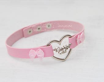 BDSM DDLG Pink Daddy's Girl Charm Heart Day Collar Lolita Choker Satin Bows Pet Play Kitty Submissive Little Baby Kitten Petplay ABDL mature