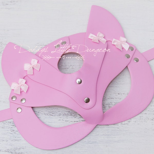 Pink BDSM Mask - Kitten Fox Ears Black Bows Pet Play Cat Sub Daddys Little Girl Cosplay Petplay Kawaii ABDL Kitty DDLG Fairy Sissy mature