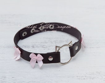 Collar DDLG de gatito y lazo para sumisos - Gargantilla de bondage negra y rosa, gatito zorro, cachorro, conejito, juego de mascotas, BDSM, femdom, sissy, kawaii madura
