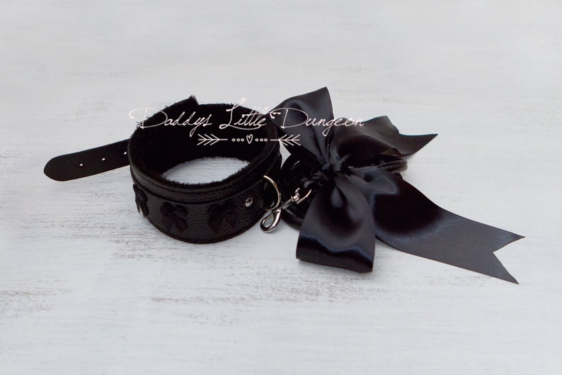 DDLG Pretty Black Furry BDSM Gothic Lolita Bondage Collar & Leash Set - Bows Master Girly Sub Sissy Daddys Little Girl Kawaii ABDL mature 