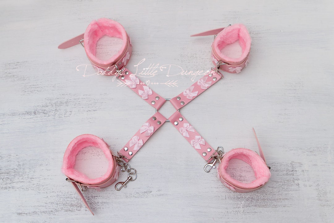 Pink BDSM Bondage Set ~ Hogtie Restraints ~ Fuzzy Handcuffs, Fur Ankle