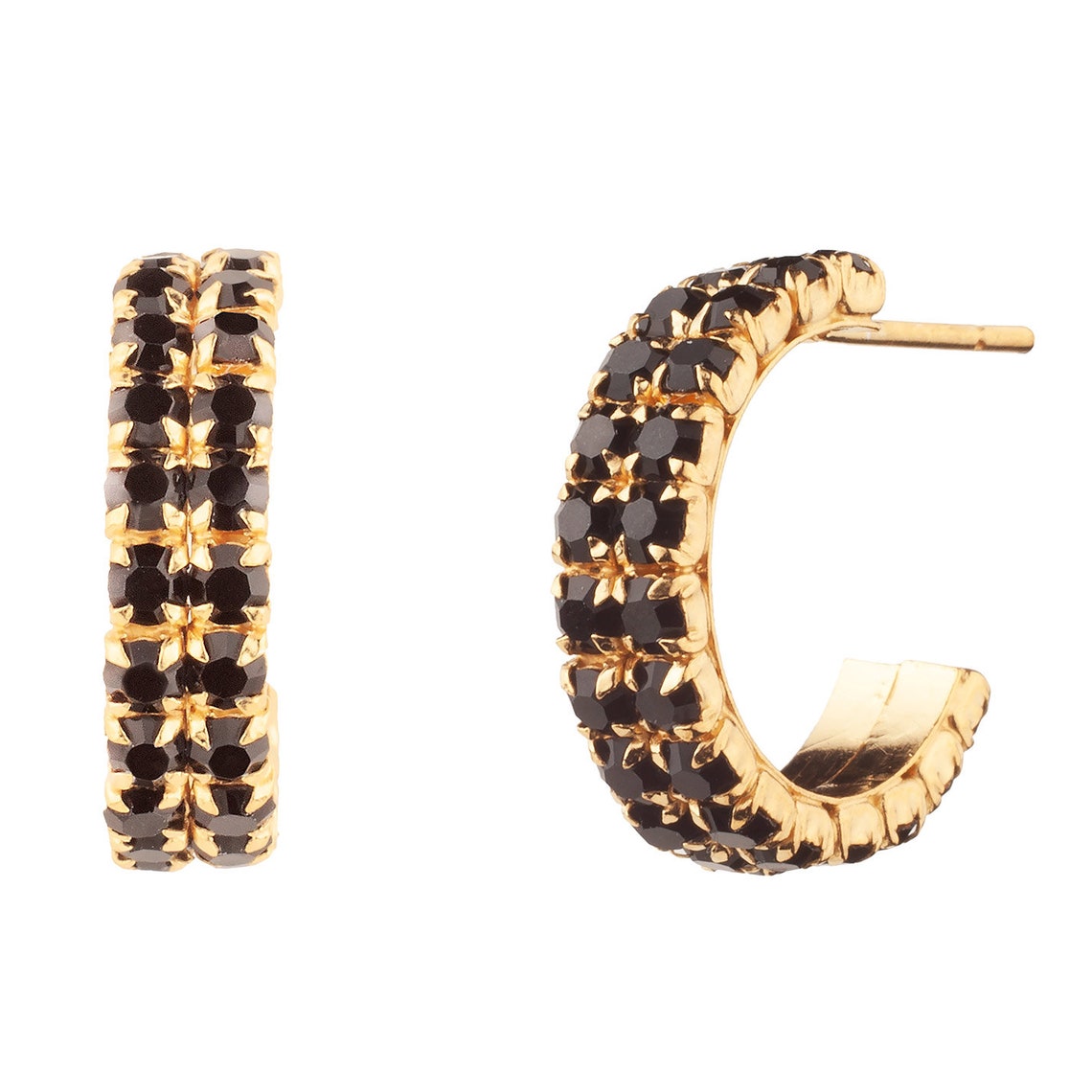 Double Row Black Cz Hoops Huggie Earrings Gold Hoops Etsy