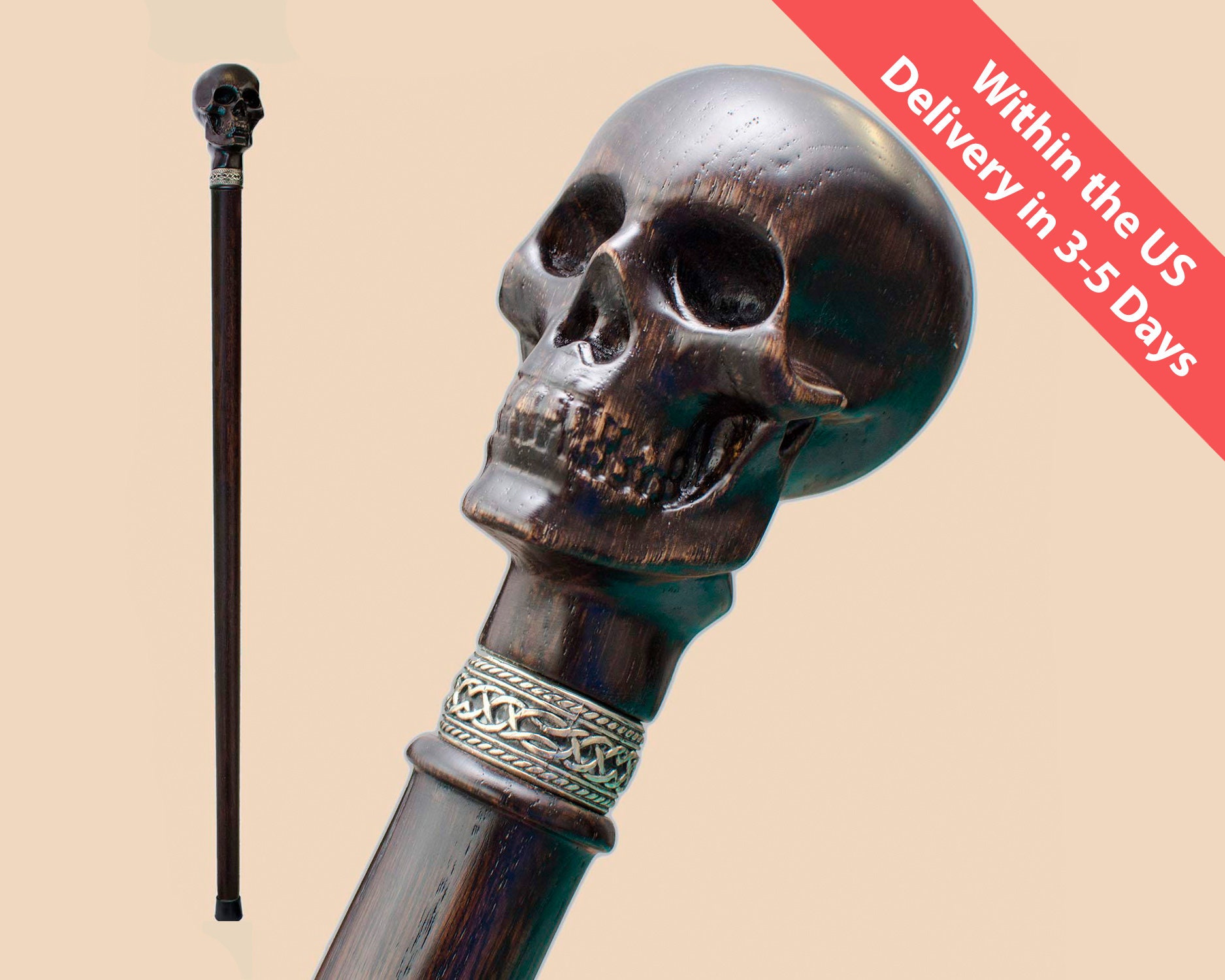 Carved Skull Walking Cane With a Knob Handle Fashionable Etsy