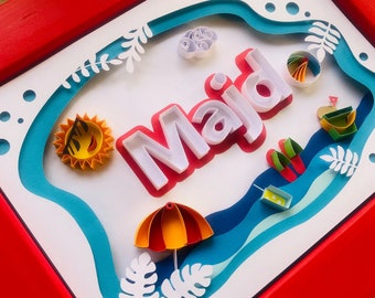 Beach Theme Quilled Paper Artwork - Unique customized gift - Wall Art - Wall Decor - Quilling Art - Kids Wall Decor - Personalized Name