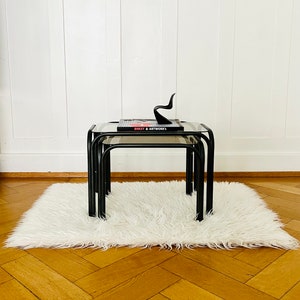Set of two side tables made of metal (black) and smoked glass, Germany 70s