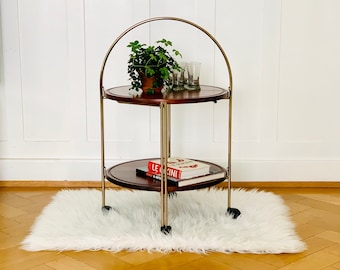 Foldable serving trolley/tea cart made of mahogany & chrome by Bremshey - Rondett, Germany 1970s 1980s