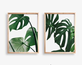 Tropical Print Set of 2, Monstera Leaf Poster, Tropical Leaf Wall Art, Palm Leaf Art, Scandi Printable, Tropical Print, Diptych Prints