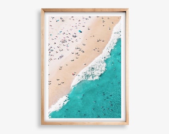 Beach People Print, Busy Beach Print, Ocean Water Print, Beach Life, Aerial Beach Print, Coastal Decor, Ocean Wall Art, Large Poster