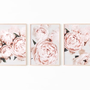 Peony Print Set of 3, Flower Print Set, Blush Pink Wall Art, Flower Prints Wall Art, Peonies Printable Art, Flower Print Digital