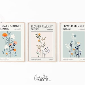 Flower Market Print Set, Flower Market Poster, Floral Art Poster, Retro 70's Flower Market, Pastel Art Print, Printable Wall Art